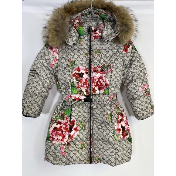 Unbranded Other - Girls Down Puffer Jacket Brown Floral Removable Hood Fur Trim Sz 8
